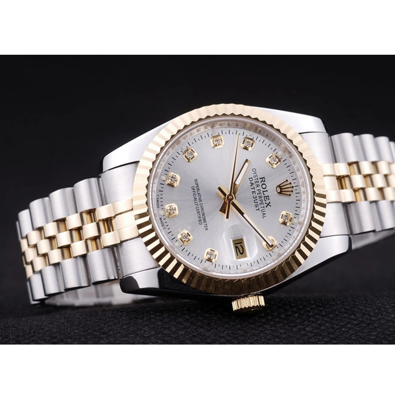 Aaa replica Diamonds Silver 7454 Rolex Bezel Datejust Ribbed Dial 0818